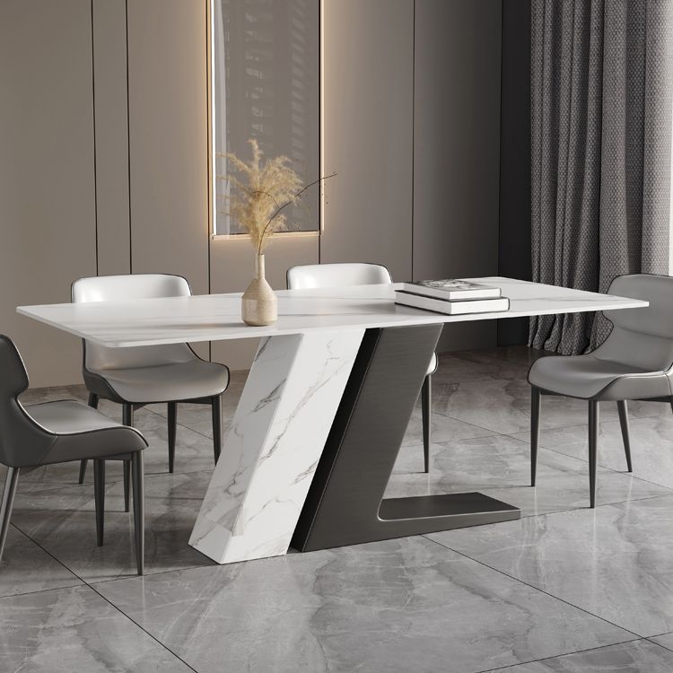 Luxury Sintered Stone Dining Table Rectangle White Table with Double Pedestal Base