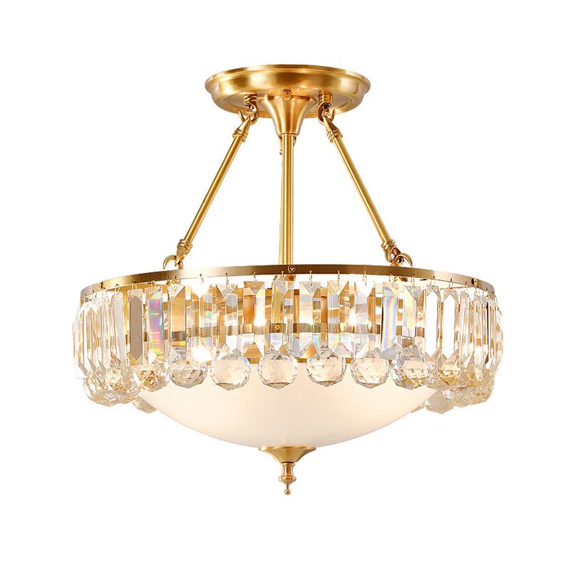 K9 Crystal Flushmount Ceiling Lamp Vintage Gold Bowl Shaped Dining Room Flush Light with Opal Glass Diffuser