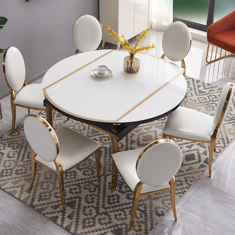 Contemporary White Round Glass Top Dining Table with Double Drop Leaf