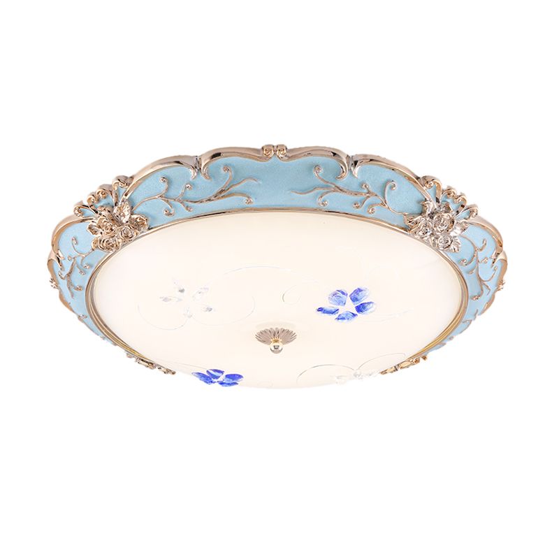 13"/16"/19.5" Wide LED Flush Mount Light with Floral Shade Opaque Glass Vintage Bedroom Ceiling Lighting in Light Blue, Warm/White Light