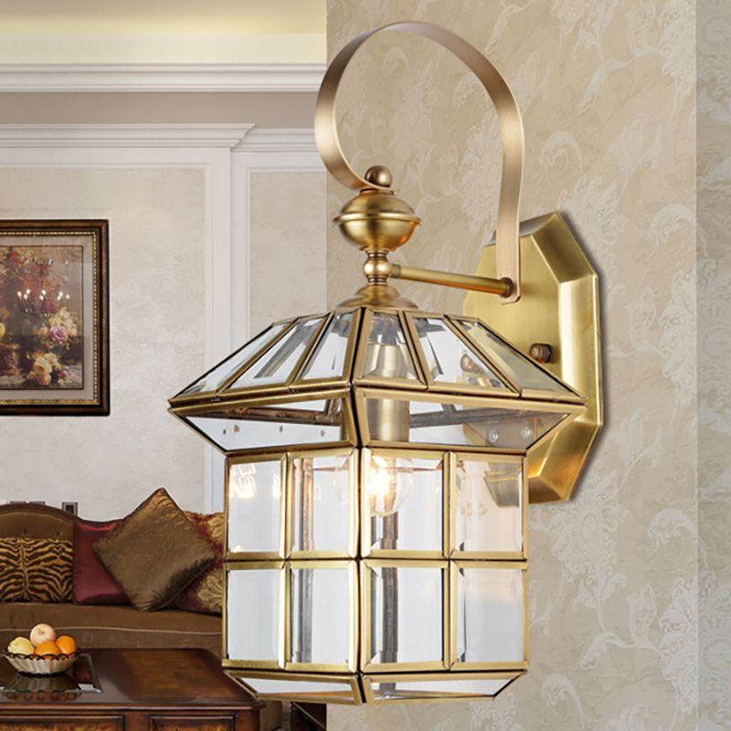 Cage Metal Sconce Light Traditionalism 1-Bulb Brass Bedroom Wall Light Fixture