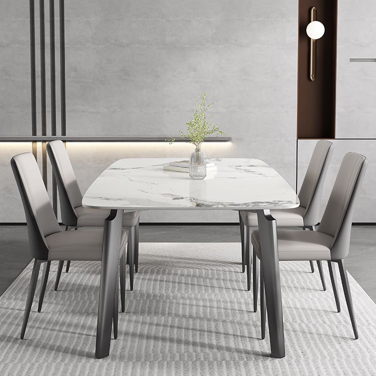 White Modern Rectangular Stone Dining Table with Stainless Steel Base