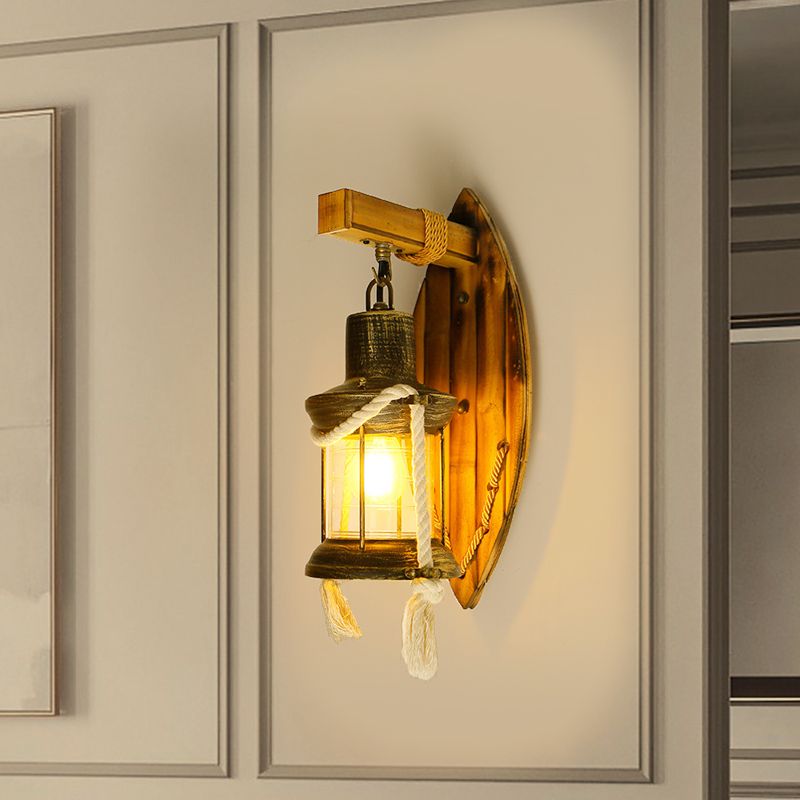 Single Bulb Wall Light Sconce Rural Style Lantern Clear Glass Wall Mounted Lamp in Antique Bronze
