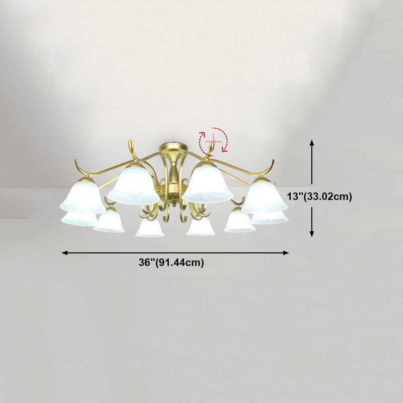 Gold Semi Flush Lamp Traditional Multi-Head Bedroom Ceiling Lighting with Glass Shade