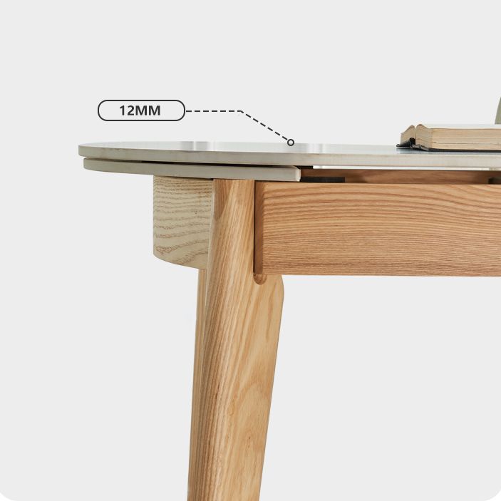 Round Contemporary Dining Room Table White Sintered Stone Table with 4 Ash Solid Wood Legs