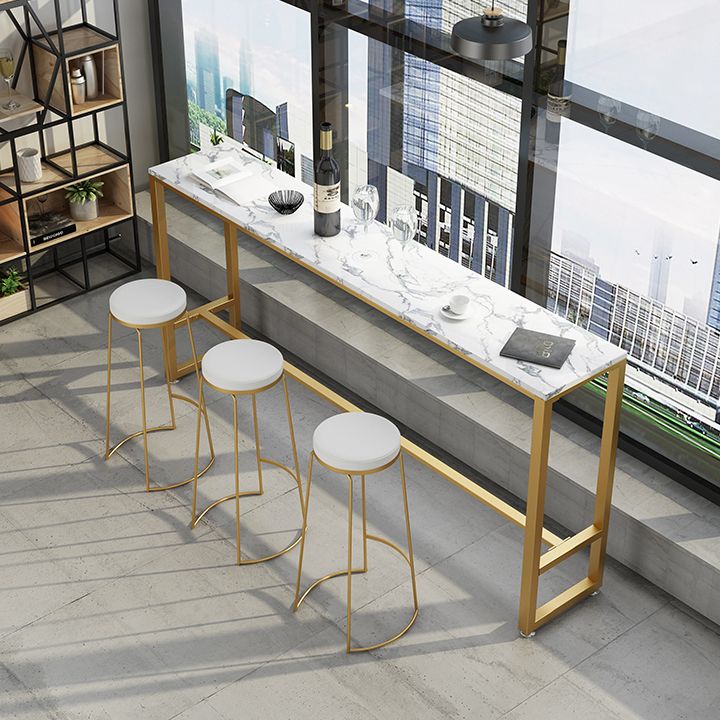 Stone Rectangle Bar Dining Table Contemporary Bar Table with Trestle Base in Gold