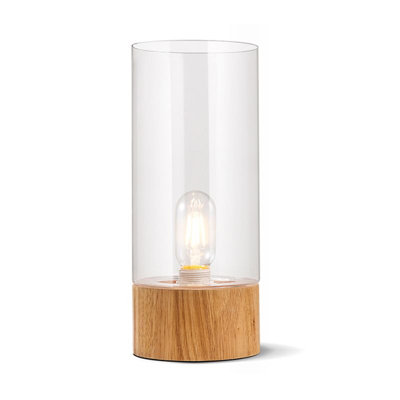 1 Cylindre de tête de nuit table de table de lampe de lampe de nuit transparente en verre clair avec base en bois