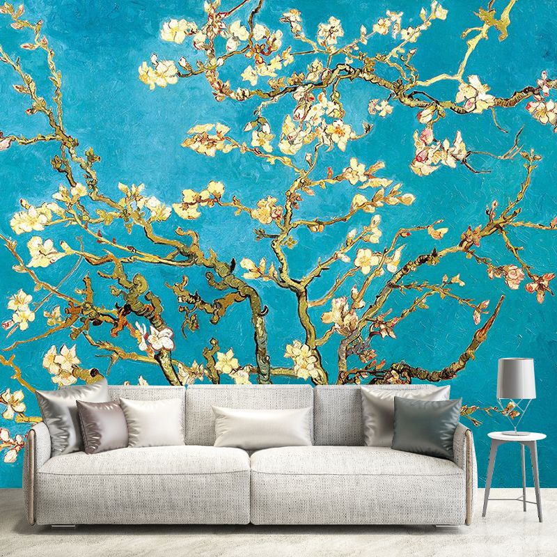 Asian Plum Tree Wall Mural Decal Yellow and Blue Waterproof Wall Decor for Bedroom