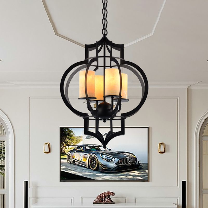 4 Lights Lantern Frame Pendant Lamp Countryside Black Finish Metallic Chandelier Lighting