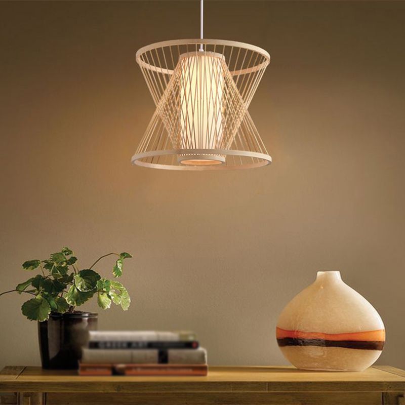 Nordic Conical Cage Hanging Light Bamboo 1-Light Dining Room Suspension Pendant Light in Wood