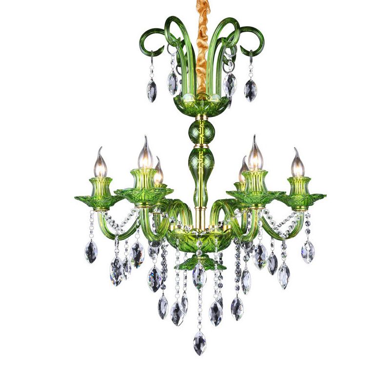 Candle Green Glass Chandelier Lamp Traditional 6 Heads Dining Room Hanging Ceiling Light with Crystal Drip Decoration