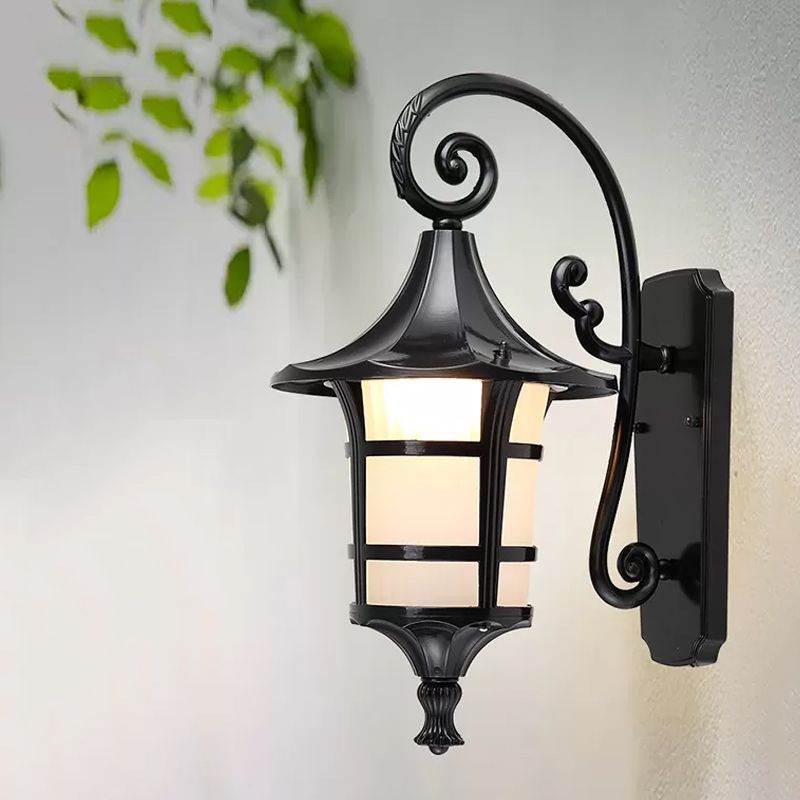 1 Bulb Wall Light Farmhouse Yard Wall Sconce Lighting with Lantern Opal Glass Shade in Black/Coffee