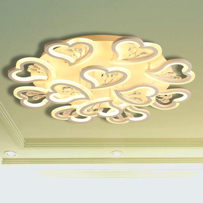 19.5"/23.5"/31.5" W White Heart Shape Semi Flush Light Modern LED Acrylic Ceiling Lamp with Crystal Accent in Warm/White Light