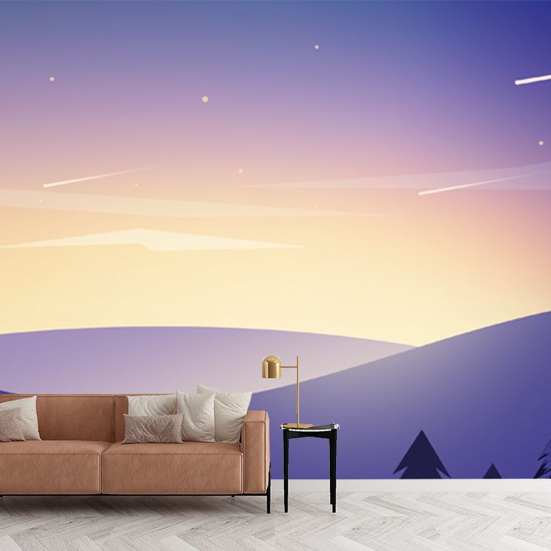 Purple Night Mountain Scenery Mural Stain Resistant Wall Art for Living Room, Personalized Size