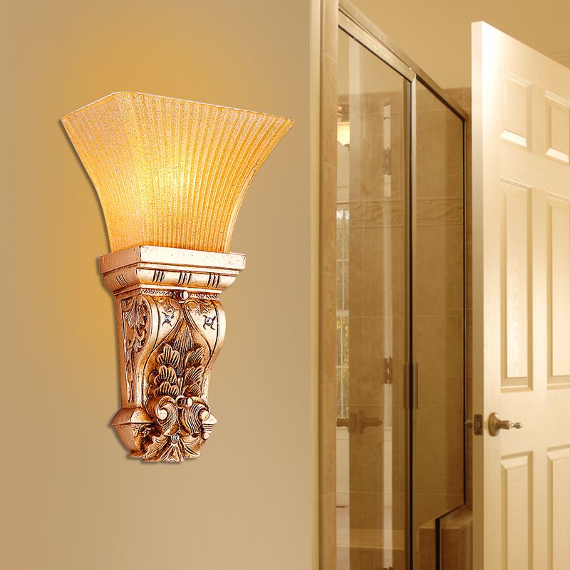 Gold 1-Head Wall Mount Lamp Loft Style Amber Fluted Glass Trapezoid Wall Lighting Fixture