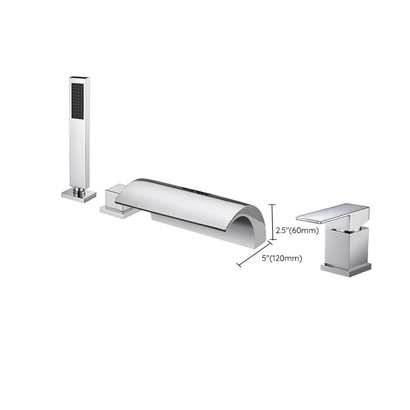 Modern Waterfall Tub Spout 2 Handles Deck Mount Roman Tub Faucet in Black and Chrome