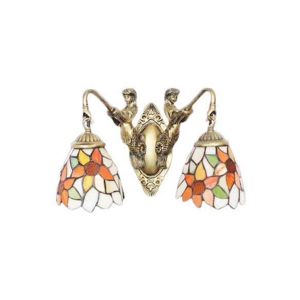Brass Bell Sconce Light Baroque 2 Lights Multicolored Stained Glass Wall Mount Light