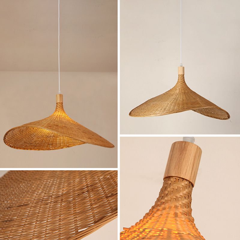 Shaded Pendant Lighting Fixture Asia-Style Bamboo Beige Suspension Pendant Light