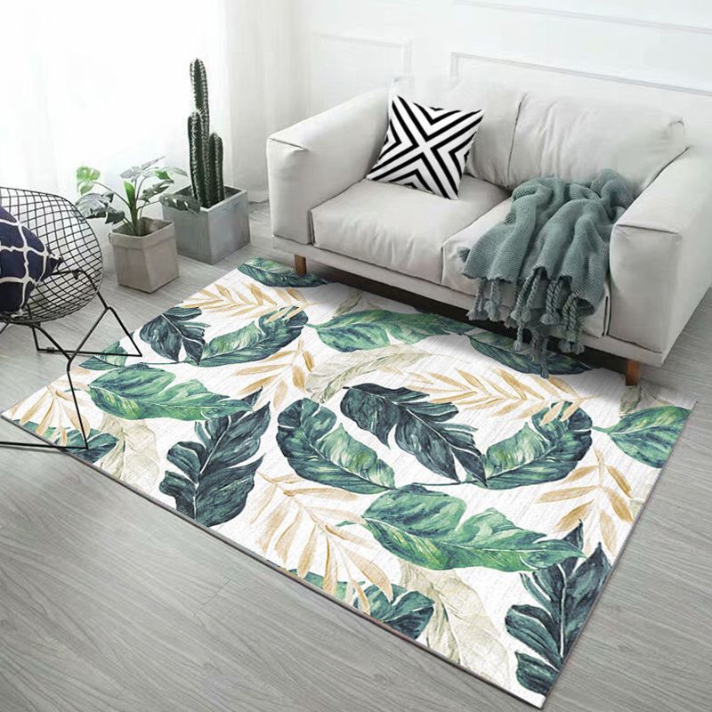 Stylish Leaf Pattern Rug with Feather Green and Blue Modern Rug Polyester Non-Slip Backing Washable Area Rug for Living Room