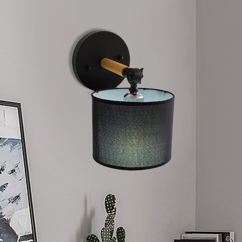 Modernism Armed Sconce Wood 1 Light Bedside Wall Lamp with Black Drum Fabric Shade