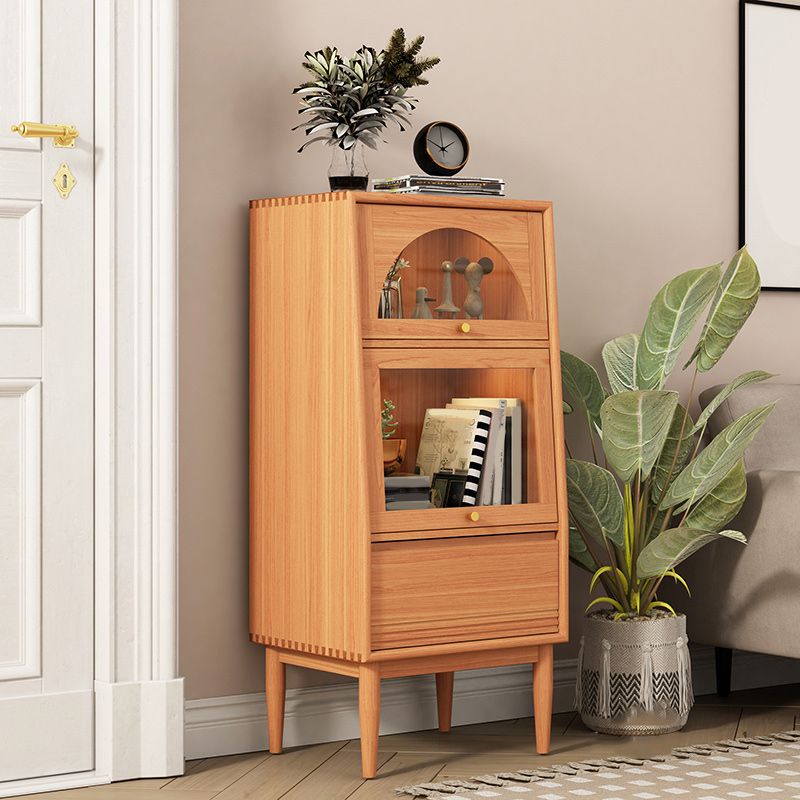 2 - Door and 1 - Drawer Pine Wood Chest 43.3" Tall Glass Paned Side Cabinet