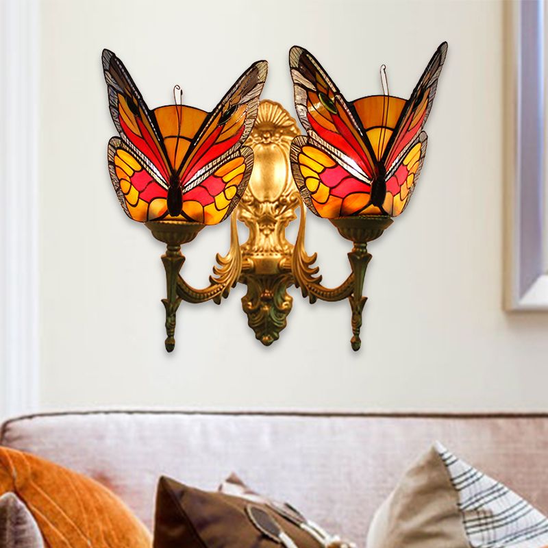 Retro Style Butterfly Wall Sconce Stained Glass 2 Lights Colorful Wall Fixture Light for Stairway