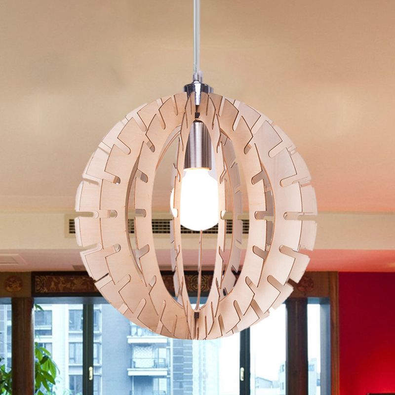 Globe Suspension Pendse Light Contemporary Wood 1 Bulbo Beige Holfing Lightsing