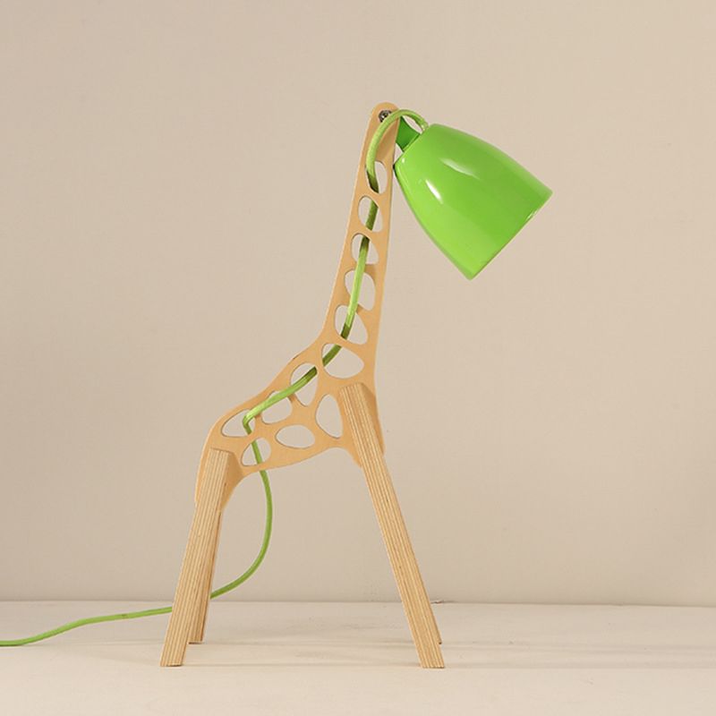 Cartoon Bell Night Light Metal 1-Light Bedroom Table Lamp in Blue/Red/Green with Standing Giraffe Wood Base