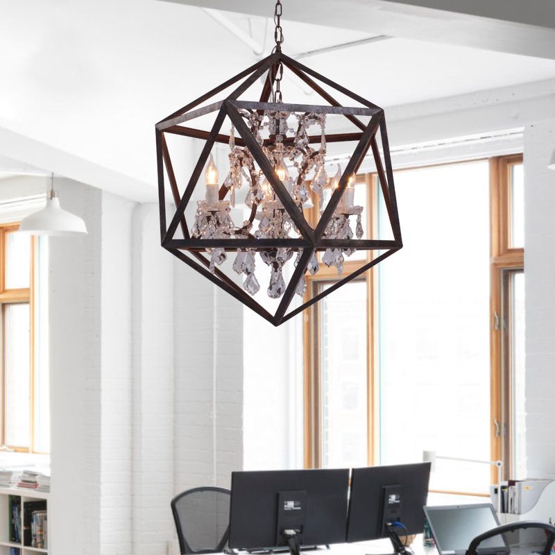 6 Bulbs Geometric Chandelier Light Traditional Rust Metal Hanging Ceiling Fixture with Clear Crystal Drop