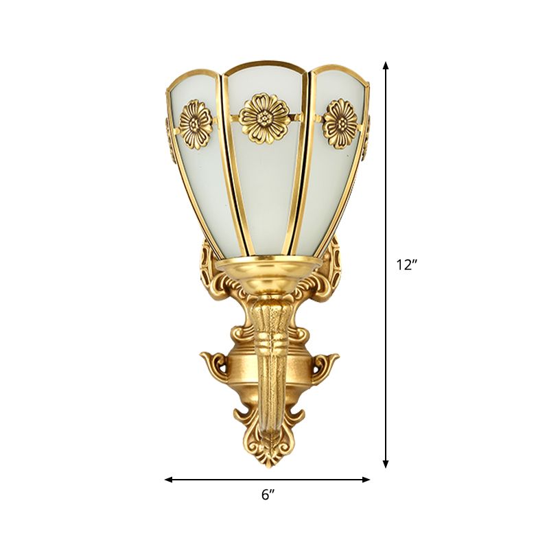 1/2 Lights Indoor Sconce Retro Floral Beveled Opal Glass Shade Wall Lamp with Golden Exquisite Carved Element