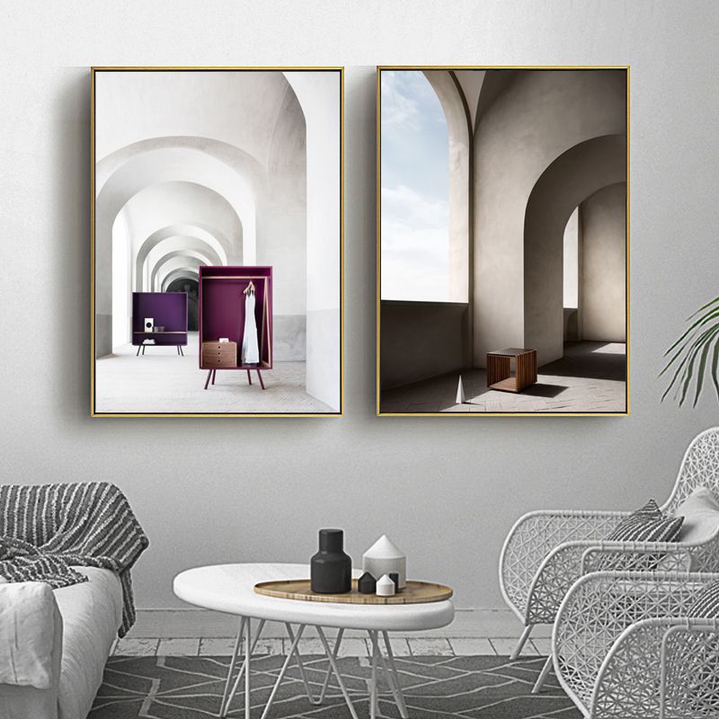 Arched Door Scenery Wall Art Set Soft Color Modern Style Canvas Print for Family Room