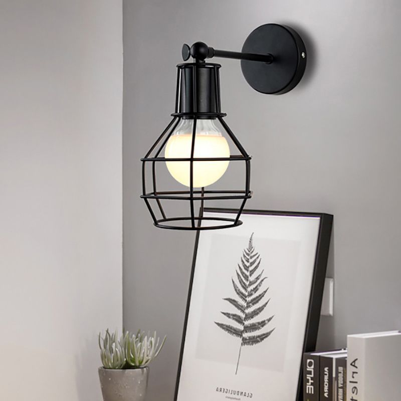 Globe Bedroom Wall Sconce Lamp Metal 1 Head Industrial Style Rotatable Wall Light with Wire Guard in Black