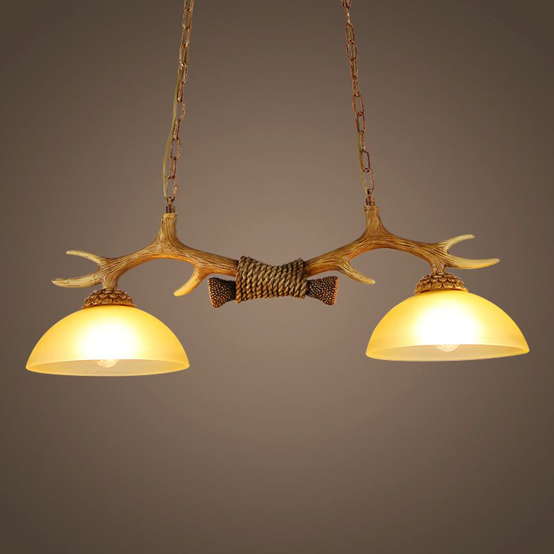 2 Bulbs Pendant Light Retro Dome Beige Glass Hanging Island Light with Decorative Deer Horn