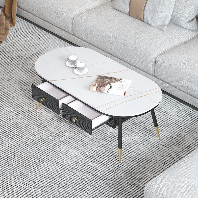 Glam Style with 2 Drawers Black/White Top Gold Metal Footer Coffee Table
