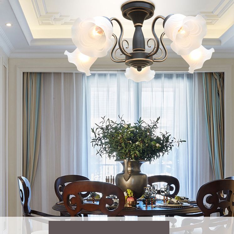 Country Style Floral Semi Flush Mount Frosted White Glass Ceiling Lamp for Dining Room