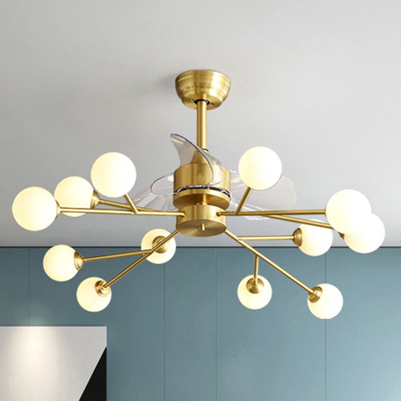Baumzweig 3-Blade-Anhänger-Lüfterleuchten minimalistischer Ballglas Esszimmer Remote Semi-Flush-Licht in Messing, 36,5 "W.