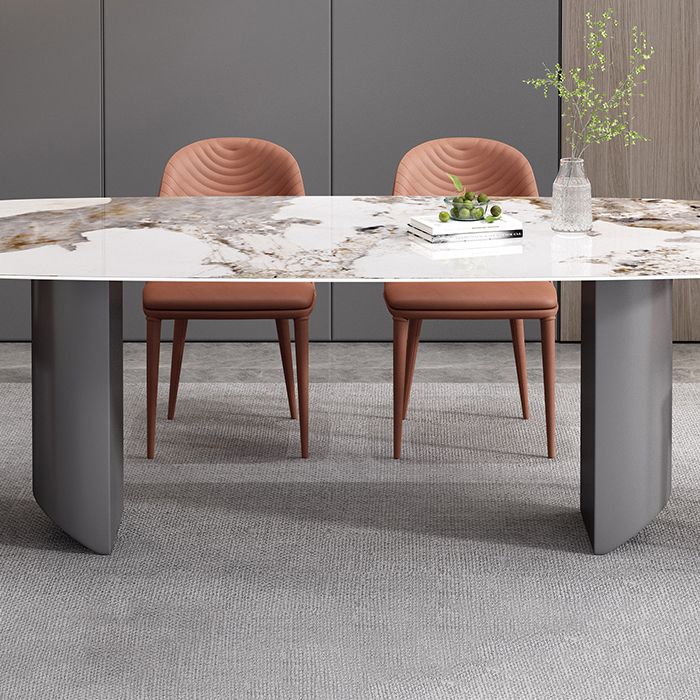 Sintered Stone Top Dining Table in White Modern Rectangle Table with Double Pedestal