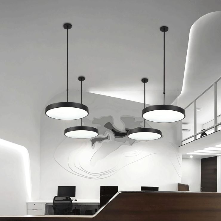 Adjustable Height Round Suspension Lamp Modern Metal Office LED Pendant Light in Black