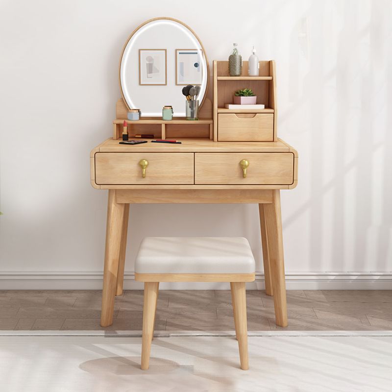 Natural/Brown Wooden Vanity with Mirror, 2 Drawers Dresser - 27.56"/31.5" W