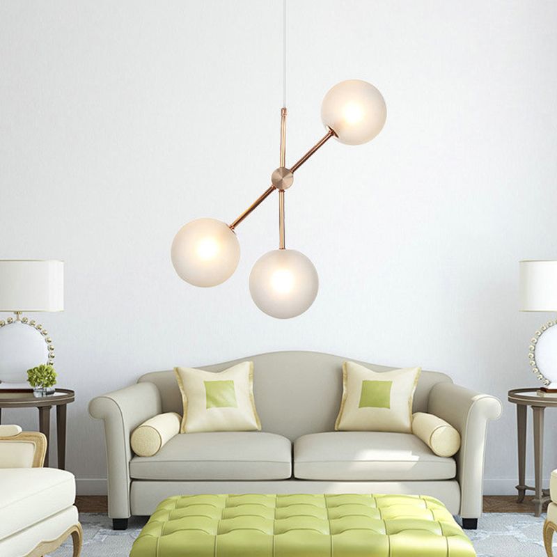 Modernist 3 Heads LED Chandelier Lamp Fixture Rose Gold Global Hanging Pendant Light with White Frosted Glass Shade