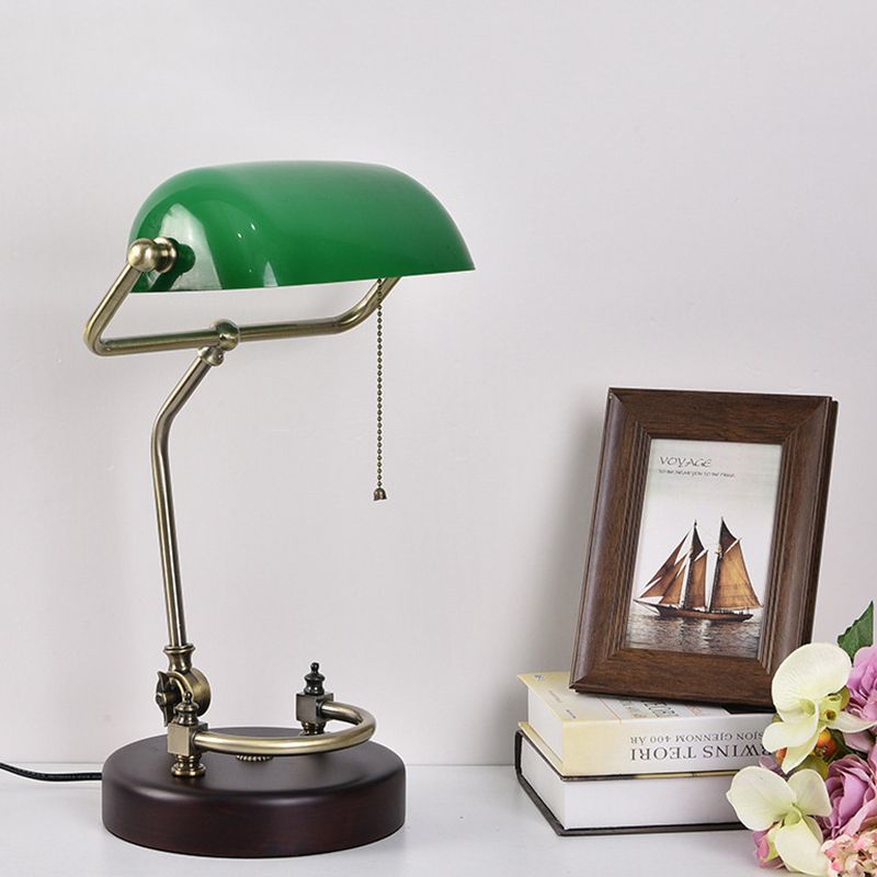 1 Bulb Pull Chain Night Lamp Vintage Green/White Glass Table Light with Swivel Shade for Living Room