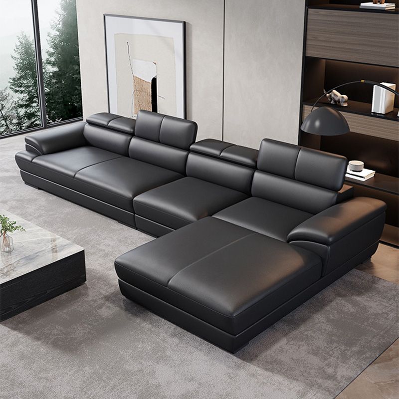Genuine Leather Pillow Top Arm Sectional Sofa 27.55"High Cushion Back Sofa,Black