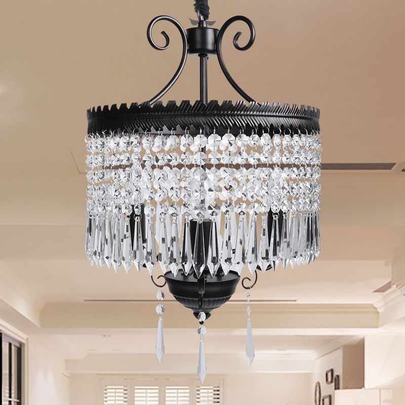 Suspension de brin en cristal clair avec modernisme à tambour modernisme 3 lumières lampe de lustre en noir