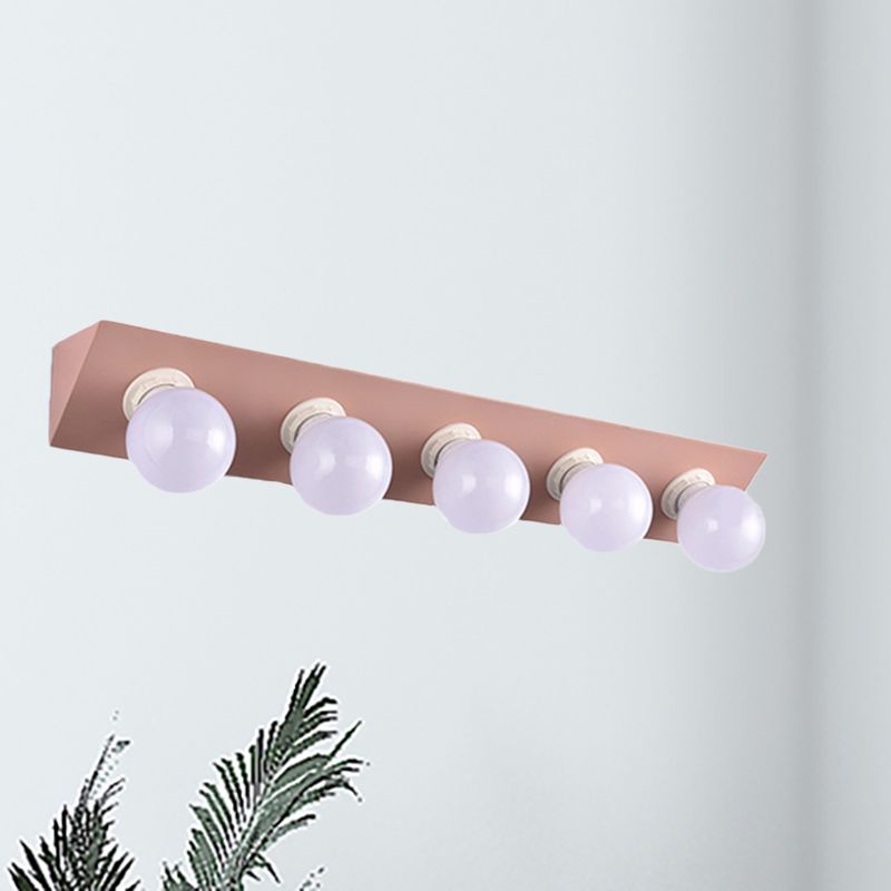 Metal Linear Vanity Sconce Light with Bare Bulb Macaron Style 5 Lights Wall Sconce in Pink/Yellow