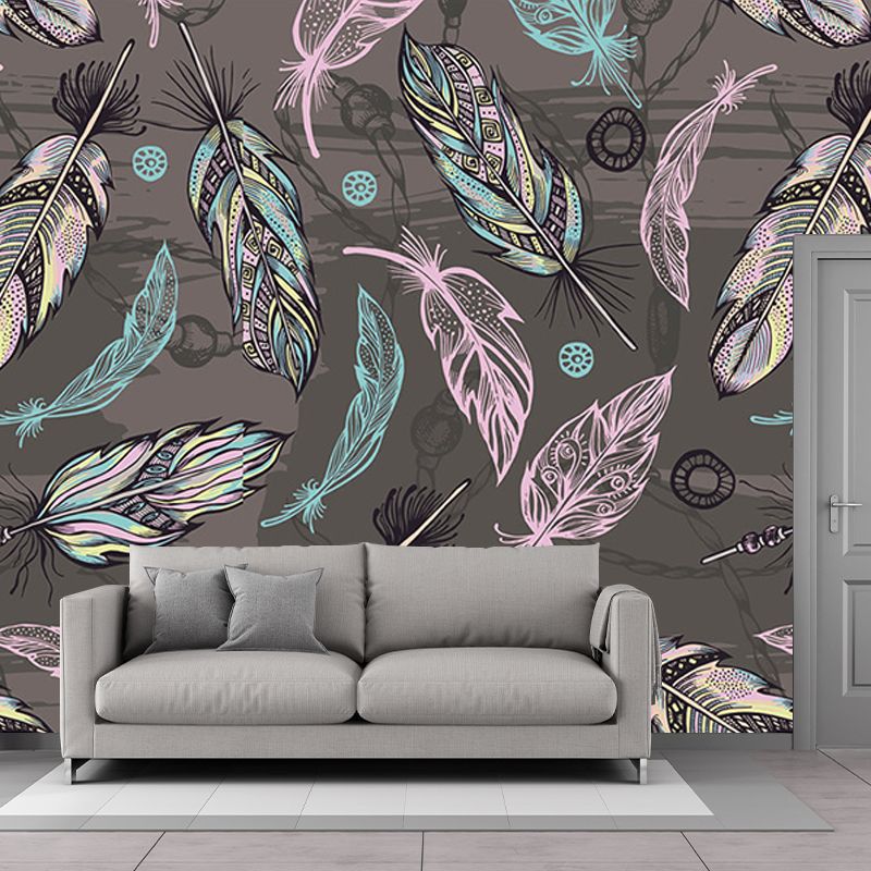 Grey-Pink-Green Feathers Murals for Wall Decoration Modern Living Room Wall Covering