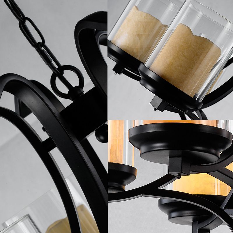 6 Lights Dining Room Ceiling Lamp Country Black Chandelier Light with Cylinder Marble and Clear Glass Shade