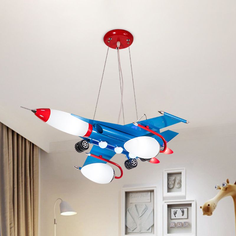 Jet Airliner LED Pendant Chandelier Cartoon Opaline Glass Baby Boys Room Ceiling Suspension Lamp in Blue