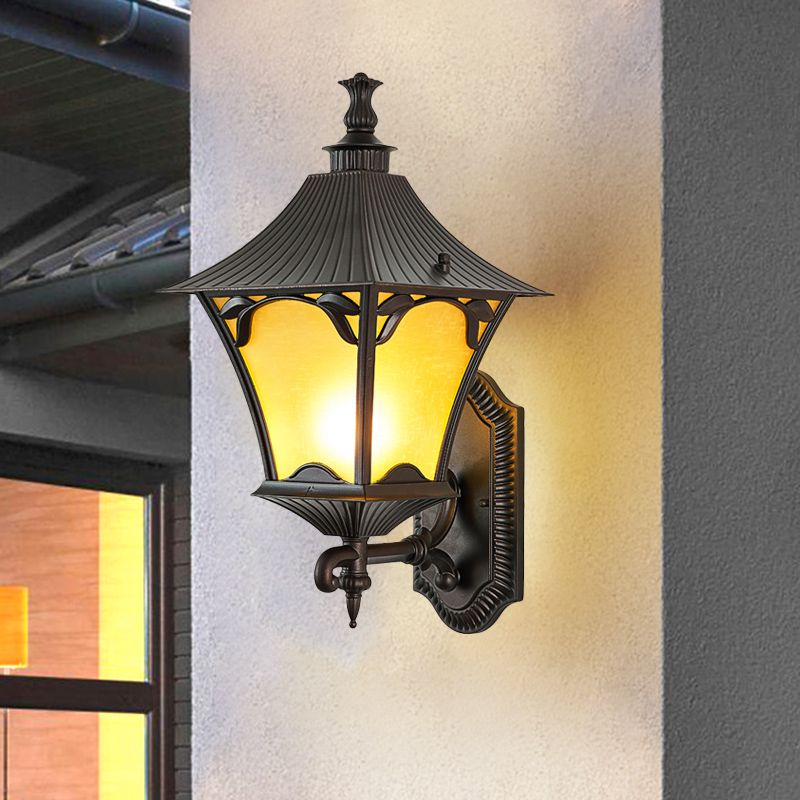 Straight Arm Outdoor Sconce Lamp Rural Yellow Glass 1-Light Wall Mounted Light Fixture
