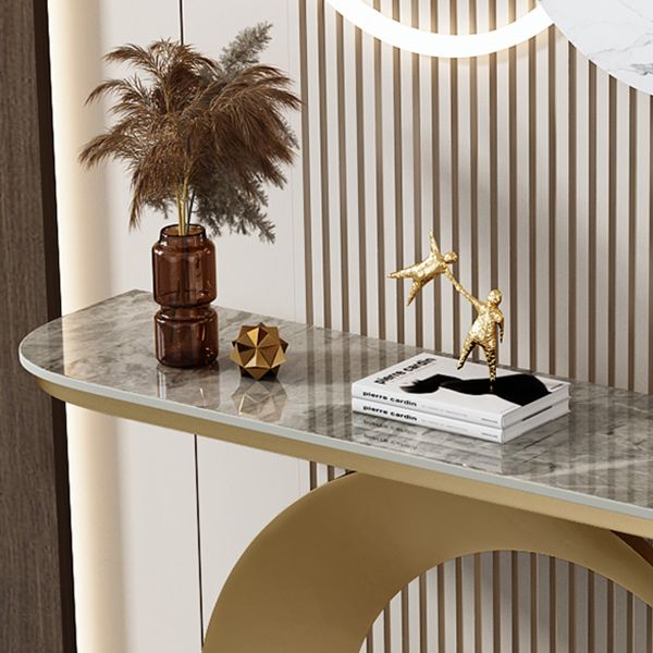 Stain Resistant Console Table with Iron Pedestal Base and Stone Top