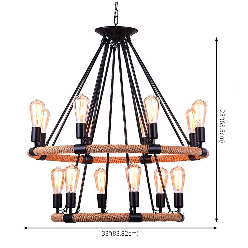 Multi Lights Circle Hemp Rope Chandelier Light Retro Industrial Style Hanging Lighting Fixture for Restaurant Bar